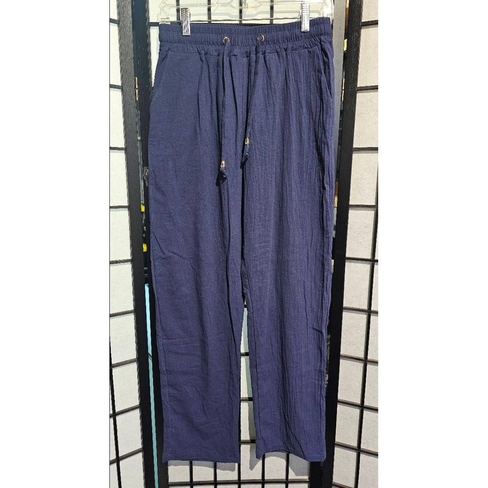 Womens Casual Pants Size M Navy Blue Crinkled Relaxed Drawstring Waist Vacation - Picture 2 of 6